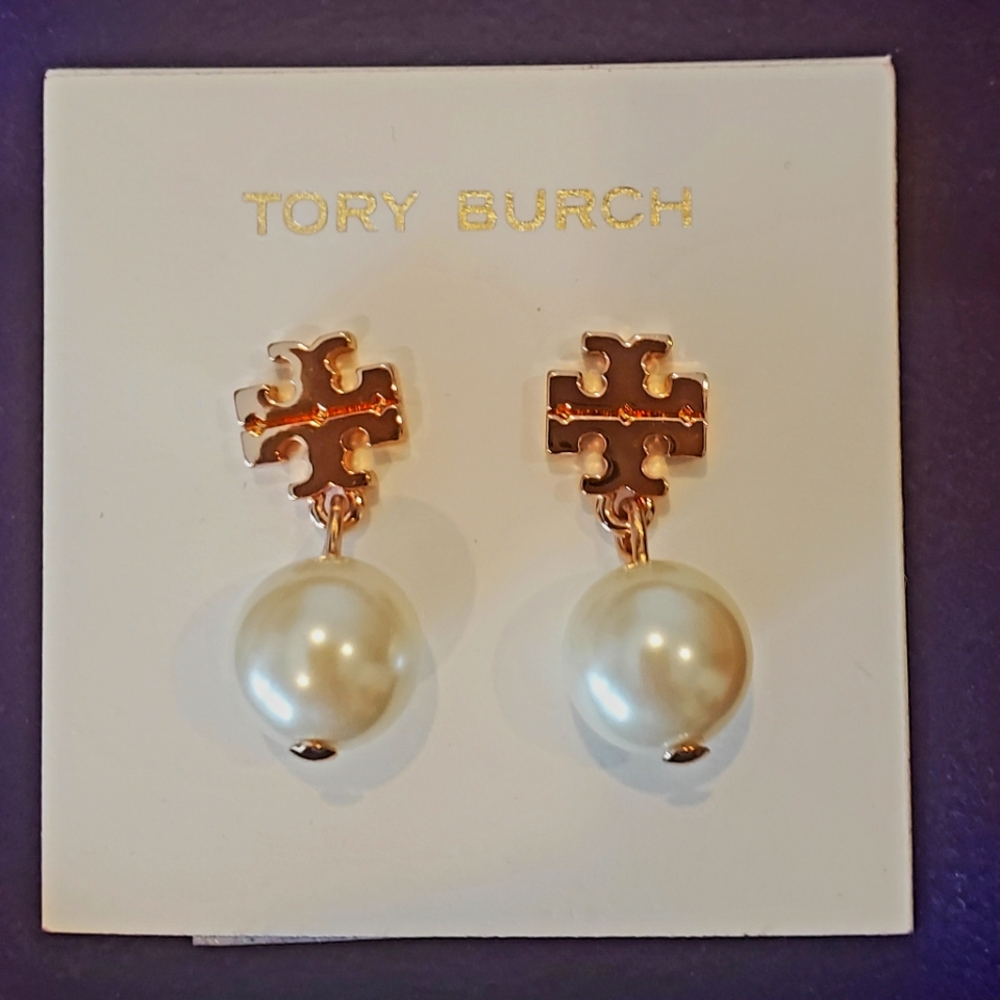 Tory Burch Logo Pearl Drop Earrings